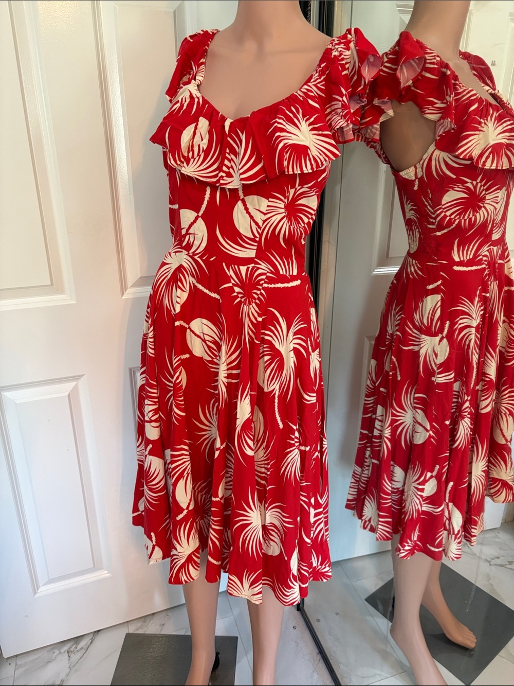 Trashy Diva Red and White Tropical Ruffle Midi Dress Rockabilly Pinup - Picture 2 of 7